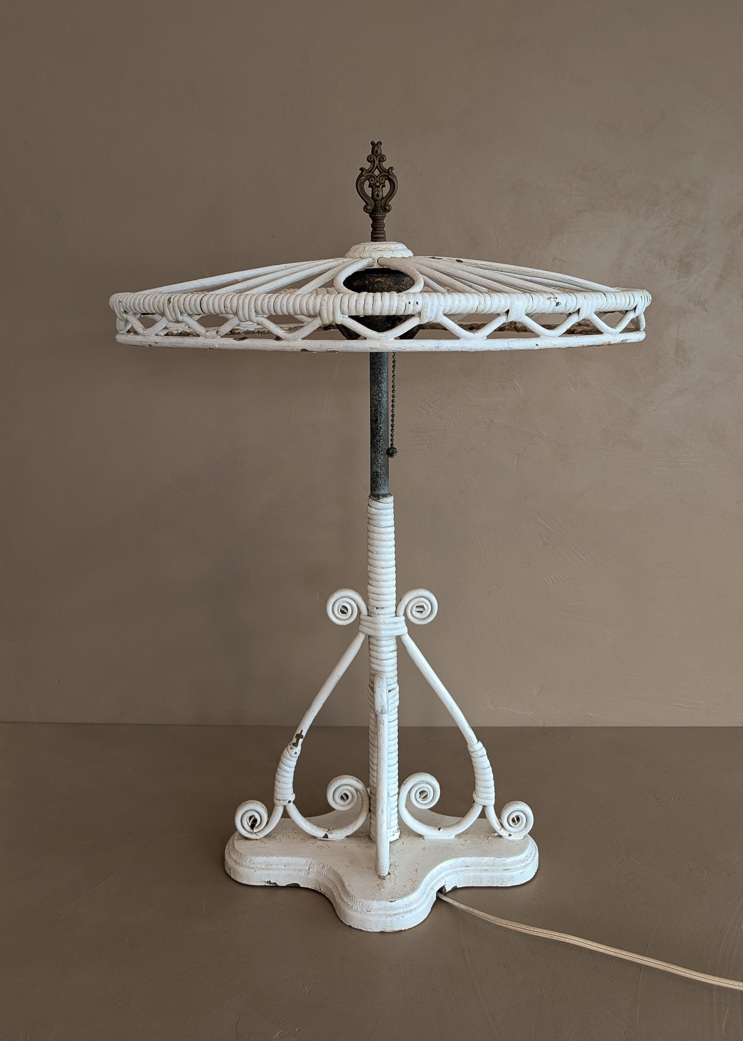Likely Antique Unique Wicker Lamp with Original Diamond-Shaped Wicker Shade