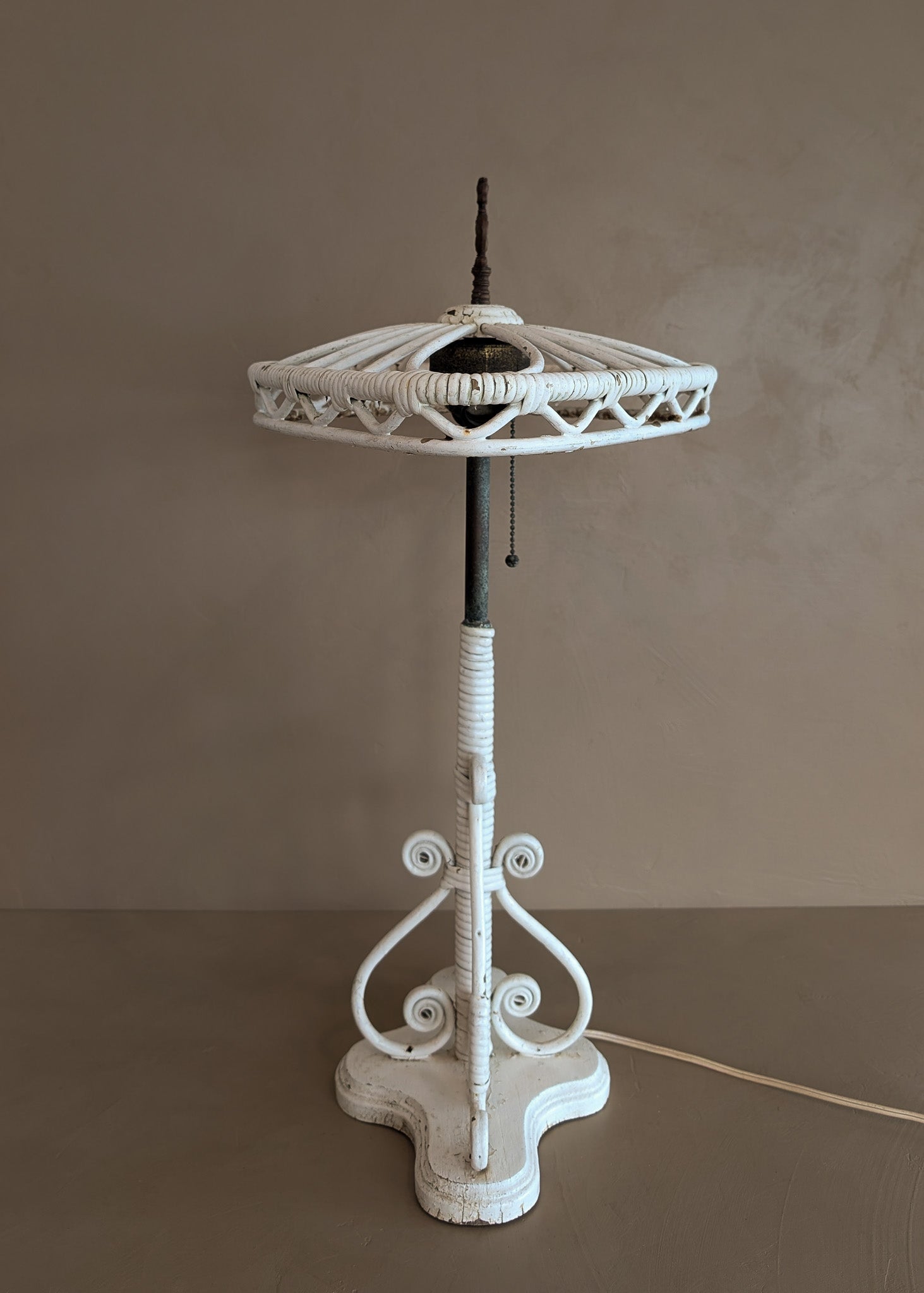 Likely Antique Unique Wicker Lamp with Original Diamond-Shaped Wicker Shade