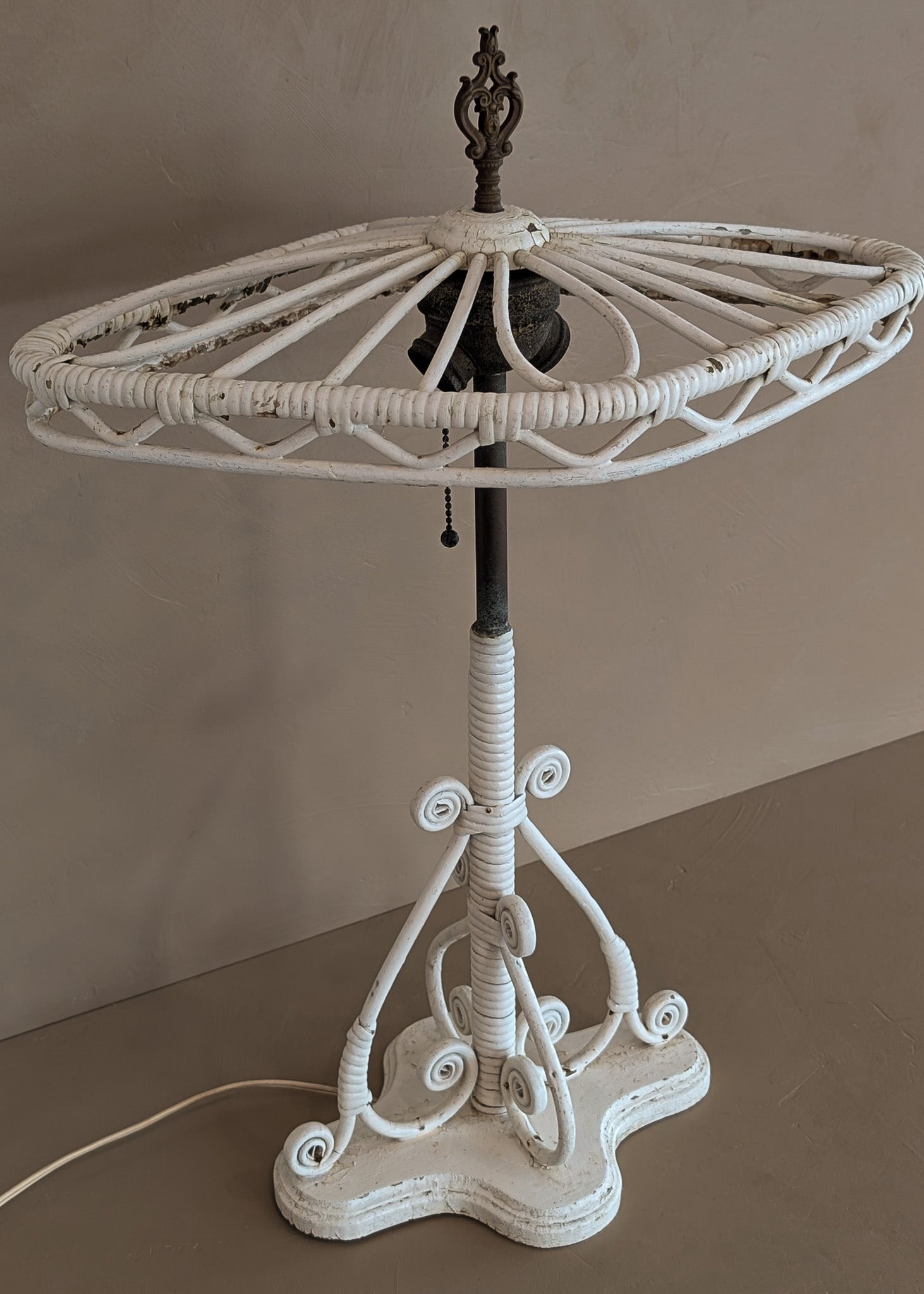 Likely Antique Unique Wicker Lamp with Original Diamond-Shaped Wicker Shade