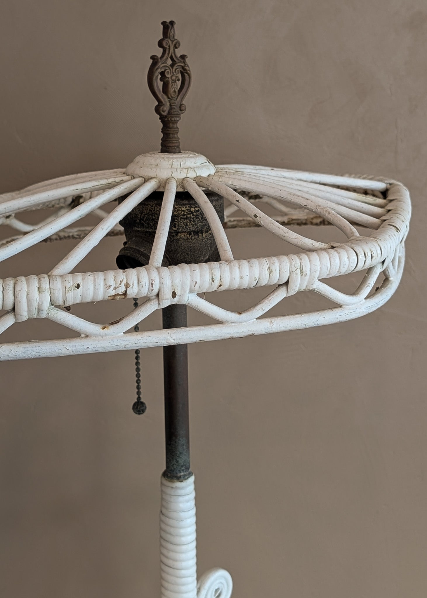 Likely Antique Unique Wicker Lamp with Original Diamond-Shaped Wicker Shade