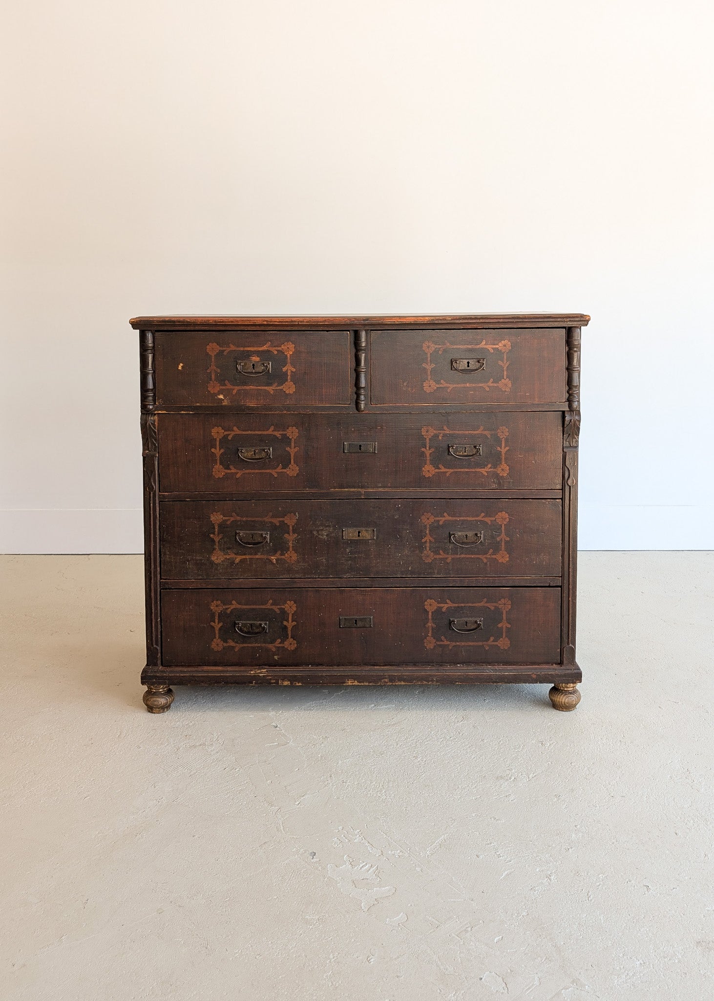 Rare Antique European Dark Wooden Wedding Dresser with Floral Motifs