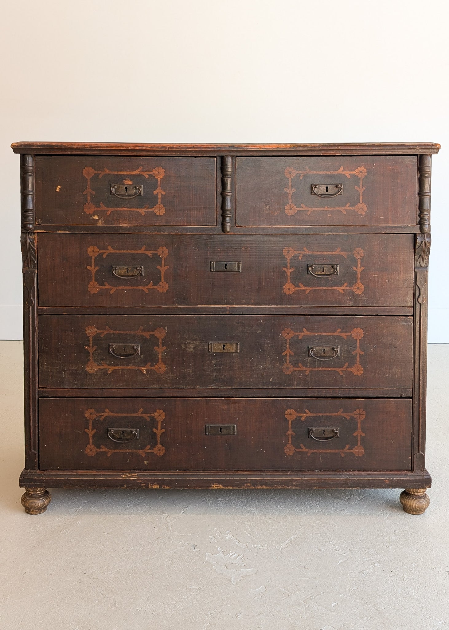 Rare Antique European Dark Wooden Wedding Dresser with Floral Motifs