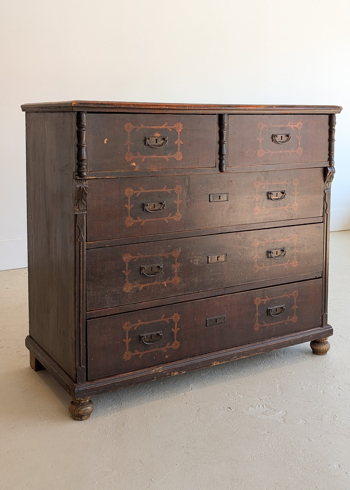 Rare Antique European Dark Wooden Wedding Dresser with Floral Motifs
