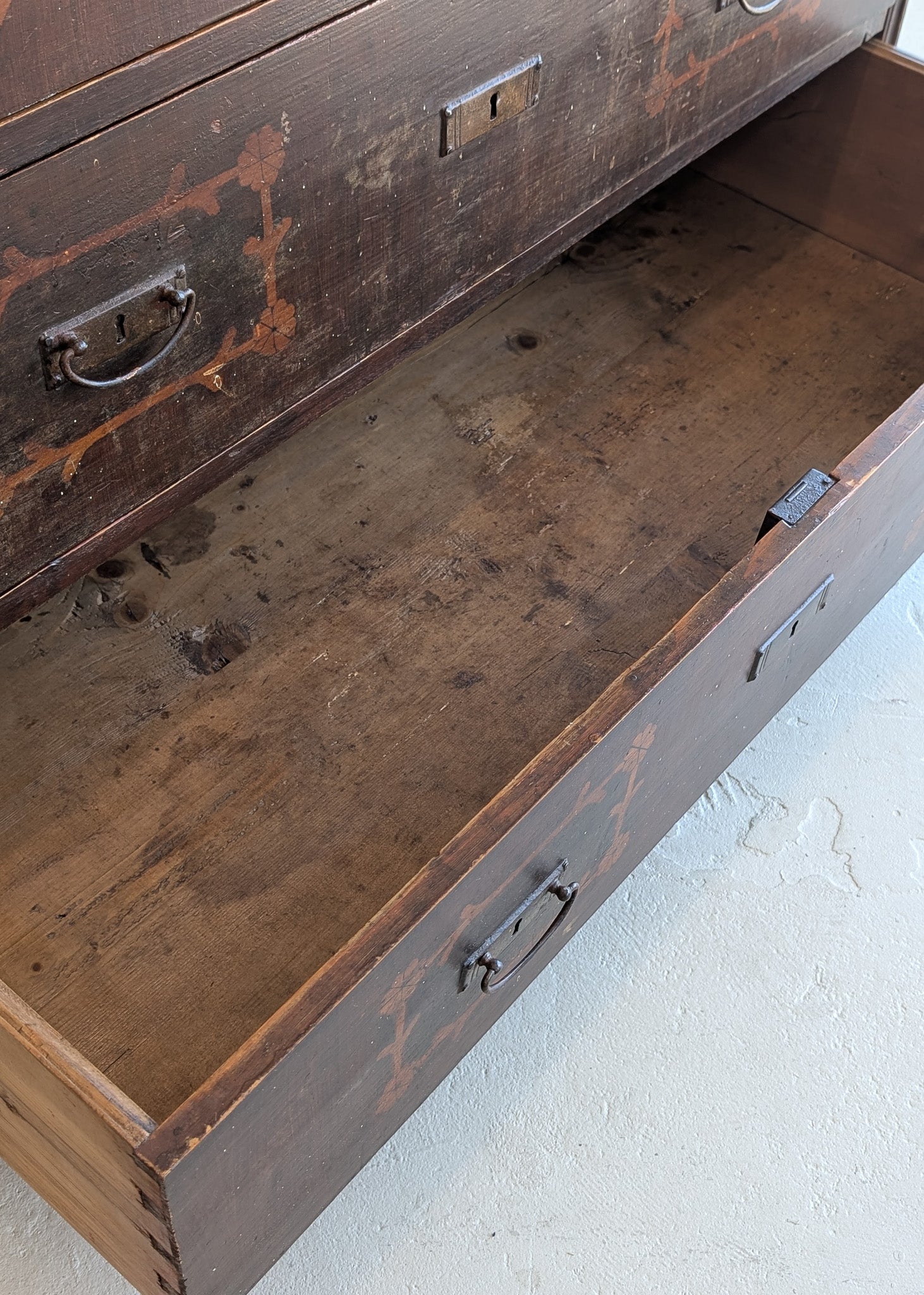 Rare Antique European Dark Wooden Wedding Dresser with Floral Motifs