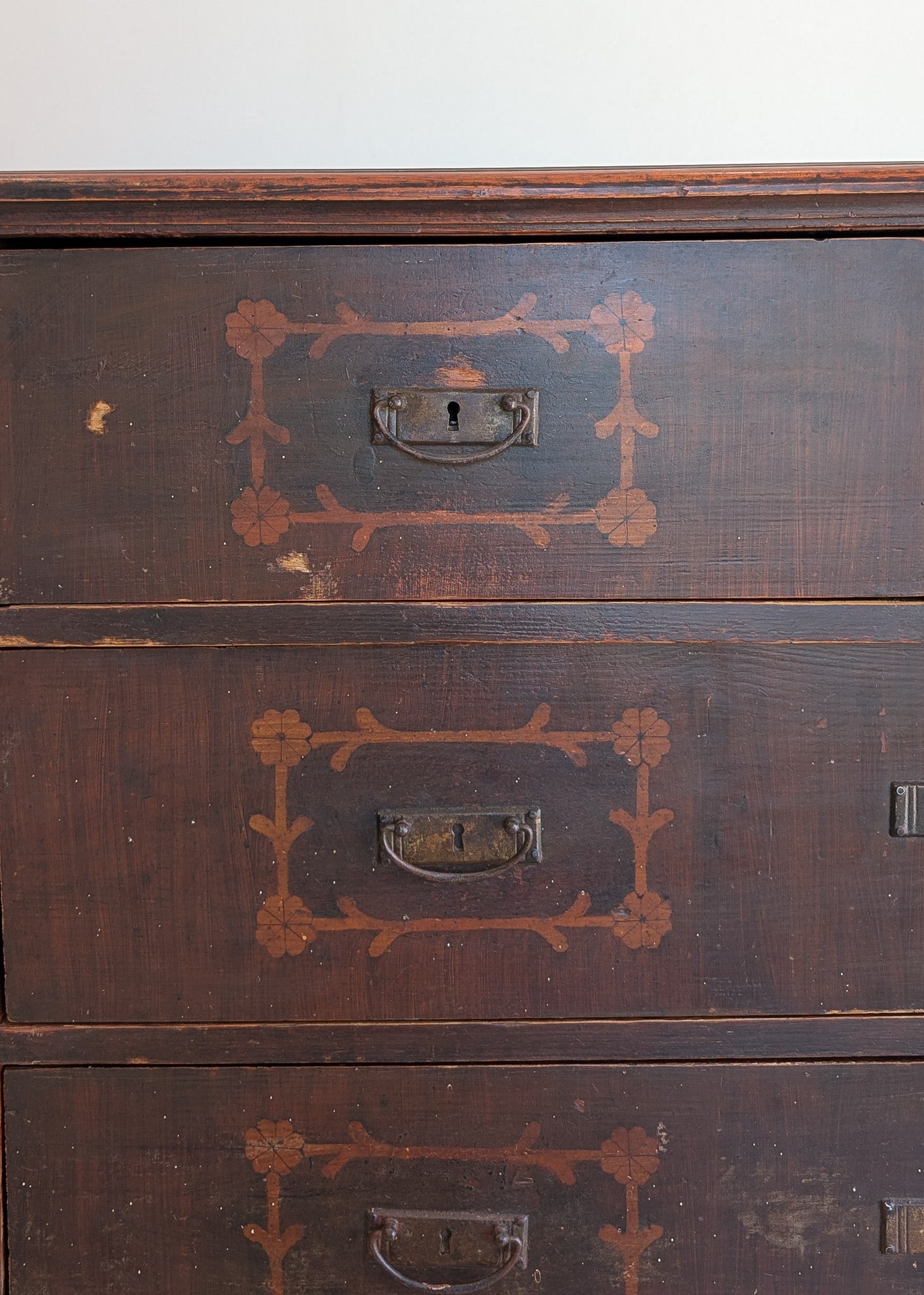Rare Antique European Dark Wooden Wedding Dresser with Floral Motifs
