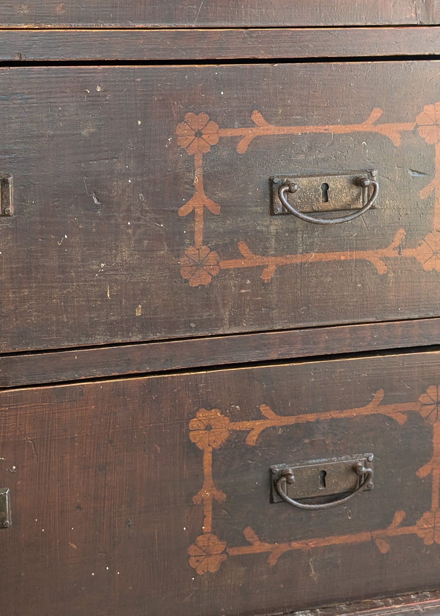 Rare Antique European Dark Wooden Wedding Dresser with Floral Motifs