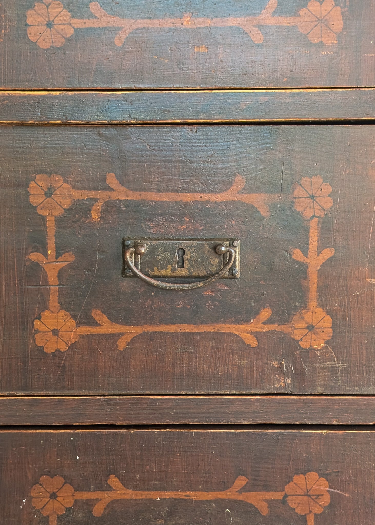 Rare Antique European Dark Wooden Wedding Dresser with Floral Motifs