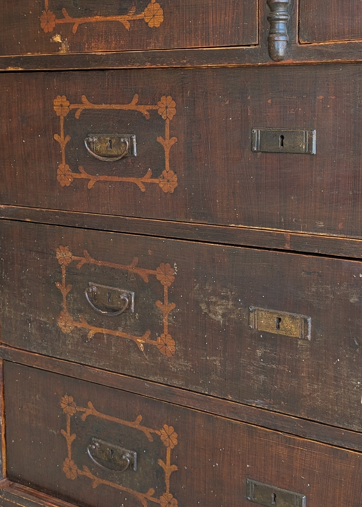 Rare Antique European Dark Wooden Wedding Dresser with Floral Motifs