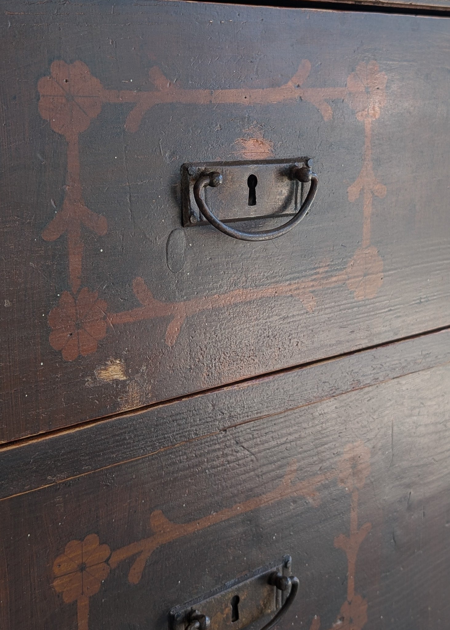 Rare Antique European Dark Wooden Wedding Dresser with Floral Motifs