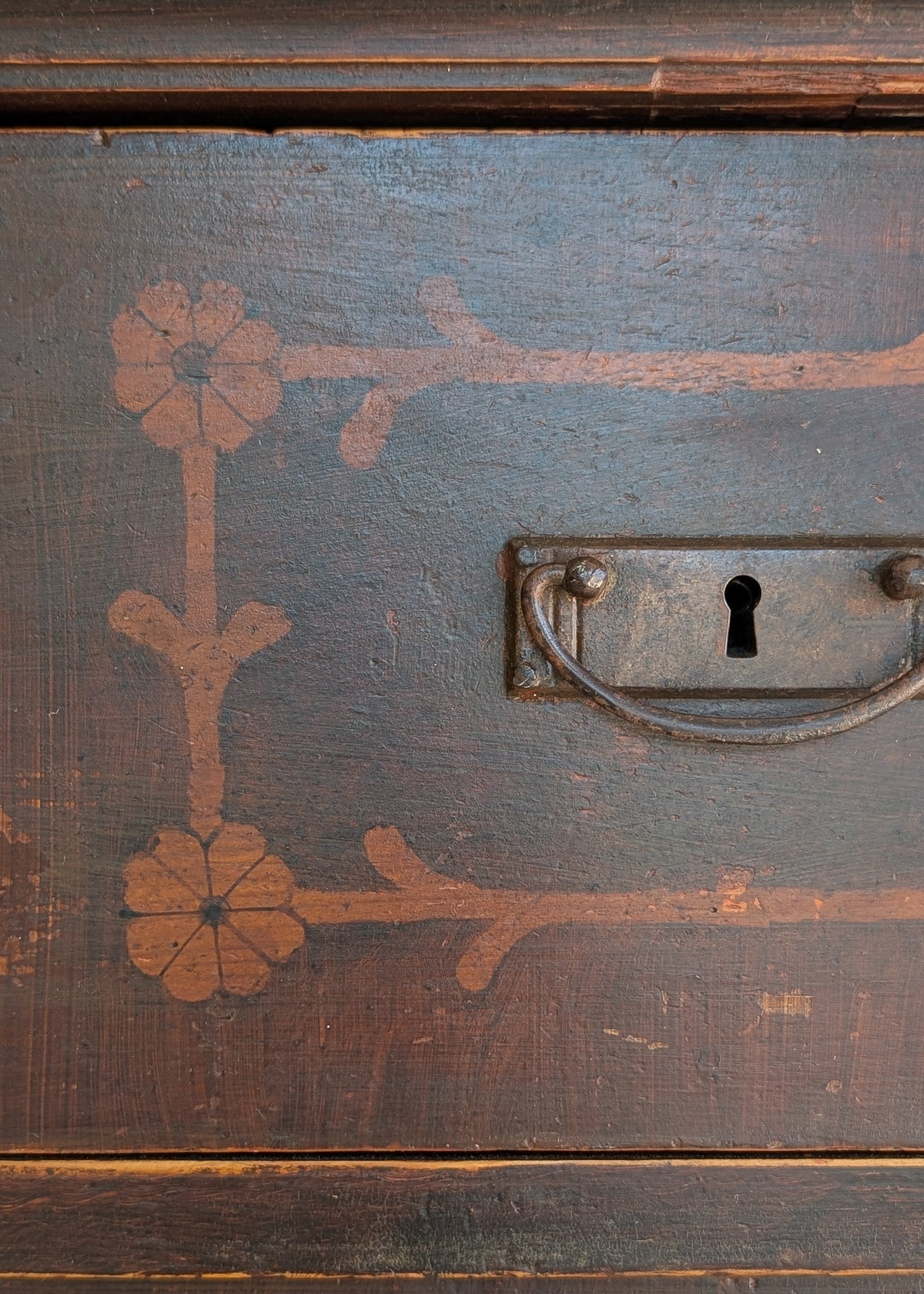 Rare Antique European Dark Wooden Wedding Dresser with Floral Motifs