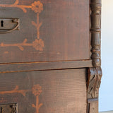 Rare Antique European Dark Wooden Wedding Dresser with Floral Motifs