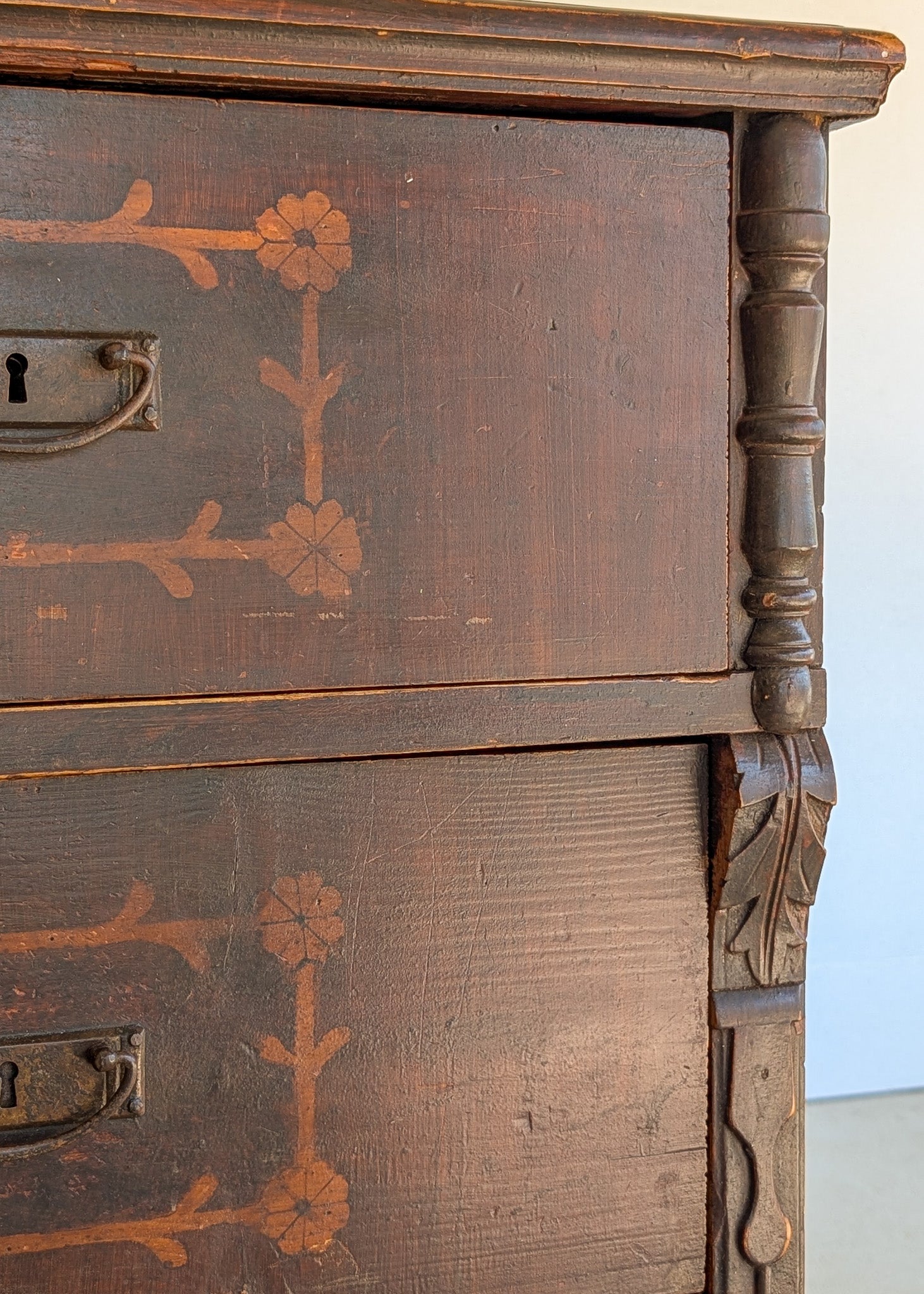 Rare Antique European Dark Wooden Wedding Dresser with Floral Motifs