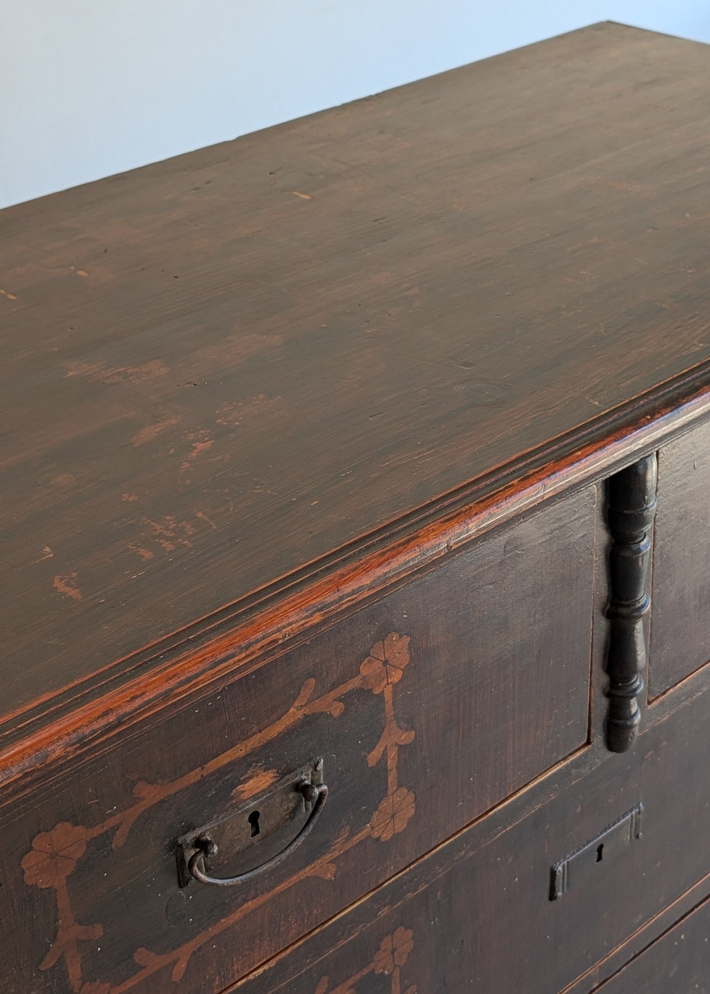 Rare Antique European Dark Wooden Wedding Dresser with Floral Motifs