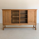 Vintage Midcentury Danish Henning Kjærnulf-Attributed Tall Oak Sideboard Cabinet with Carved Sliding Doors