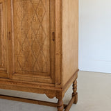 Vintage Midcentury Danish Henning Kjærnulf-Attributed Tall Oak Sideboard Cabinet with Carved Sliding Doors