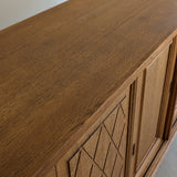 Vintage Midcentury Danish Henning Kjærnulf-Attributed Tall Oak Sideboard Cabinet with Carved Sliding Doors