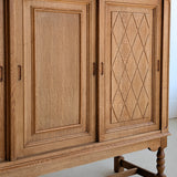 Vintage Midcentury Danish Henning Kjærnulf-Attributed Tall Oak Sideboard Cabinet with Carved Sliding Doors