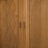 Vintage Midcentury Danish Henning Kjærnulf-Attributed Tall Oak Sideboard Cabinet with Carved Sliding Doors