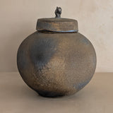 Unique Moody Black and Metallic Studio Pottery Raku Lidded Round Orb Vessel