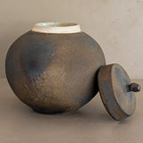Unique Moody Black and Metallic Studio Pottery Raku Lidded Round Orb Vessel