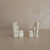 Pair of Unique Vintage Italian Stacked Geometric Alabaster Bookends