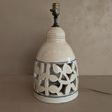 Beige and Blue Double Light Reticulated Floral Signed Studio Pottery Lamp