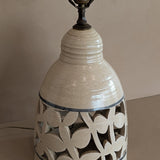 Beige and Blue Double Light Reticulated Floral Signed Studio Pottery Lamp