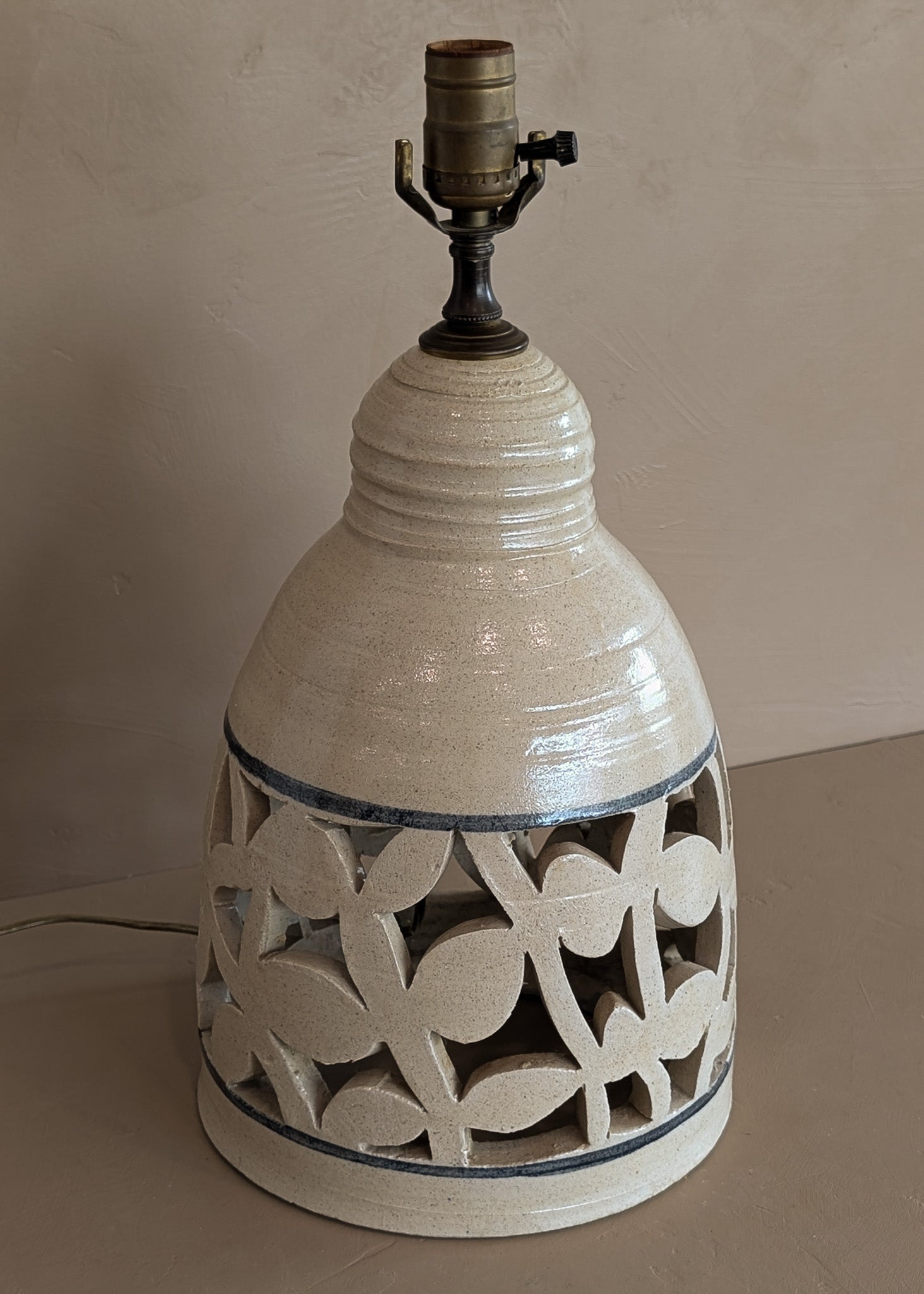 Beige and Blue Double Light Reticulated Floral Signed Studio Pottery Lamp
