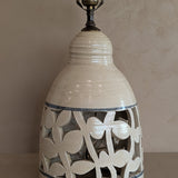 Beige and Blue Double Light Reticulated Floral Signed Studio Pottery Lamp