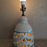 Beige and Blue Double Light Reticulated Floral Signed Studio Pottery Lamp