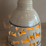 Beige and Blue Double Light Reticulated Floral Signed Studio Pottery Lamp