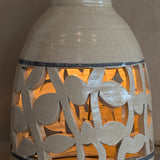 Beige and Blue Double Light Reticulated Floral Signed Studio Pottery Lamp