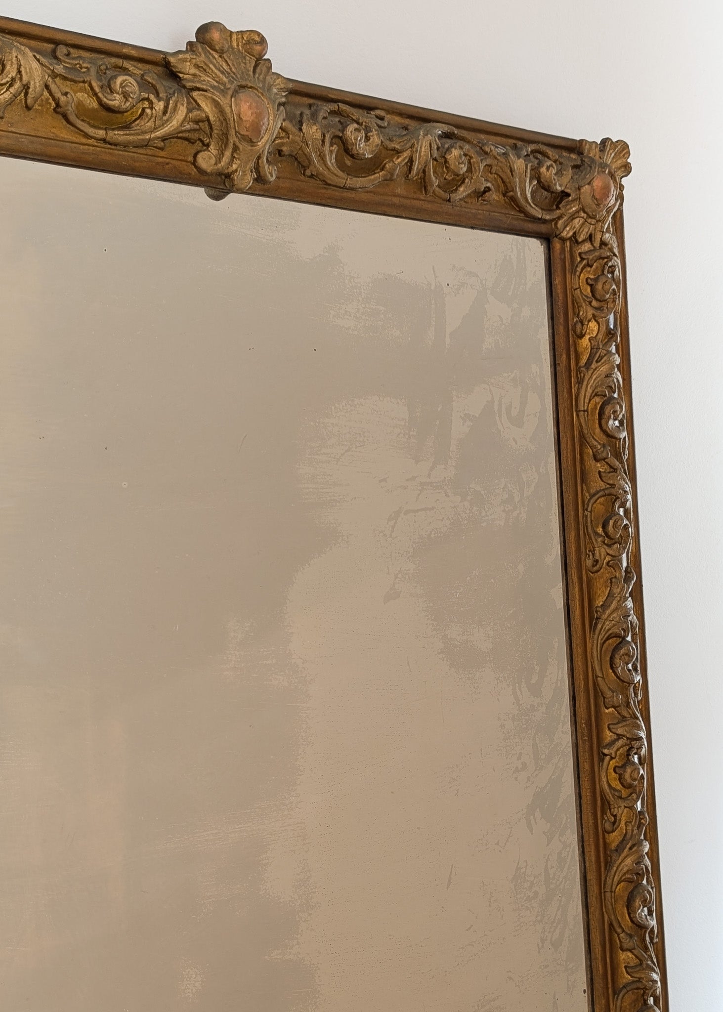 Large Antique Gilded Plaster and Wood Mirror with Wavy Glass