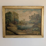 Large Antique Original Gilded Frame Dreamy Landscape Oil Painting with Beautiful Craquelure