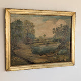 Large Antique Original Gilded Frame Dreamy Landscape Oil Painting with Beautiful Craquelure