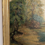 Large Antique Original Gilded Frame Dreamy Landscape Oil Painting with Beautiful Craquelure