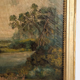 Large Antique Original Gilded Frame Dreamy Landscape Oil Painting with Beautiful Craquelure