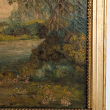 Large Antique Original Gilded Frame Dreamy Landscape Oil Painting with Beautiful Craquelure