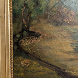 Large Antique Original Gilded Frame Dreamy Landscape Oil Painting with Beautiful Craquelure