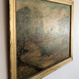 Large Antique Original Gilded Frame Dreamy Landscape Oil Painting with Beautiful Craquelure