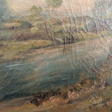 Large Antique Original Gilded Frame Dreamy Landscape Oil Painting with Beautiful Craquelure