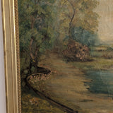 Large Antique Original Gilded Frame Dreamy Landscape Oil Painting with Beautiful Craquelure
