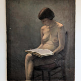 Original Signed 1957 Charles W. Bentz Nude Oil Painting Portrait of a Woman Reading a Book