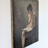 Original Signed 1957 Charles W. Bentz Nude Oil Painting Portrait of a Woman Reading a Book