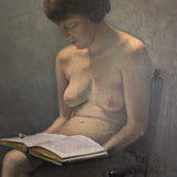 Original Signed 1957 Charles W. Bentz Nude Oil Painting Portrait of a Woman Reading a Book