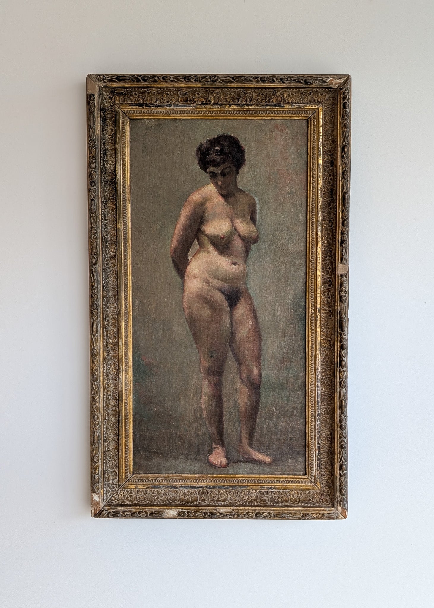 Unsigned Original Charles W. Bentz Nude Female Oil Portrait Painting in Gilded Frame