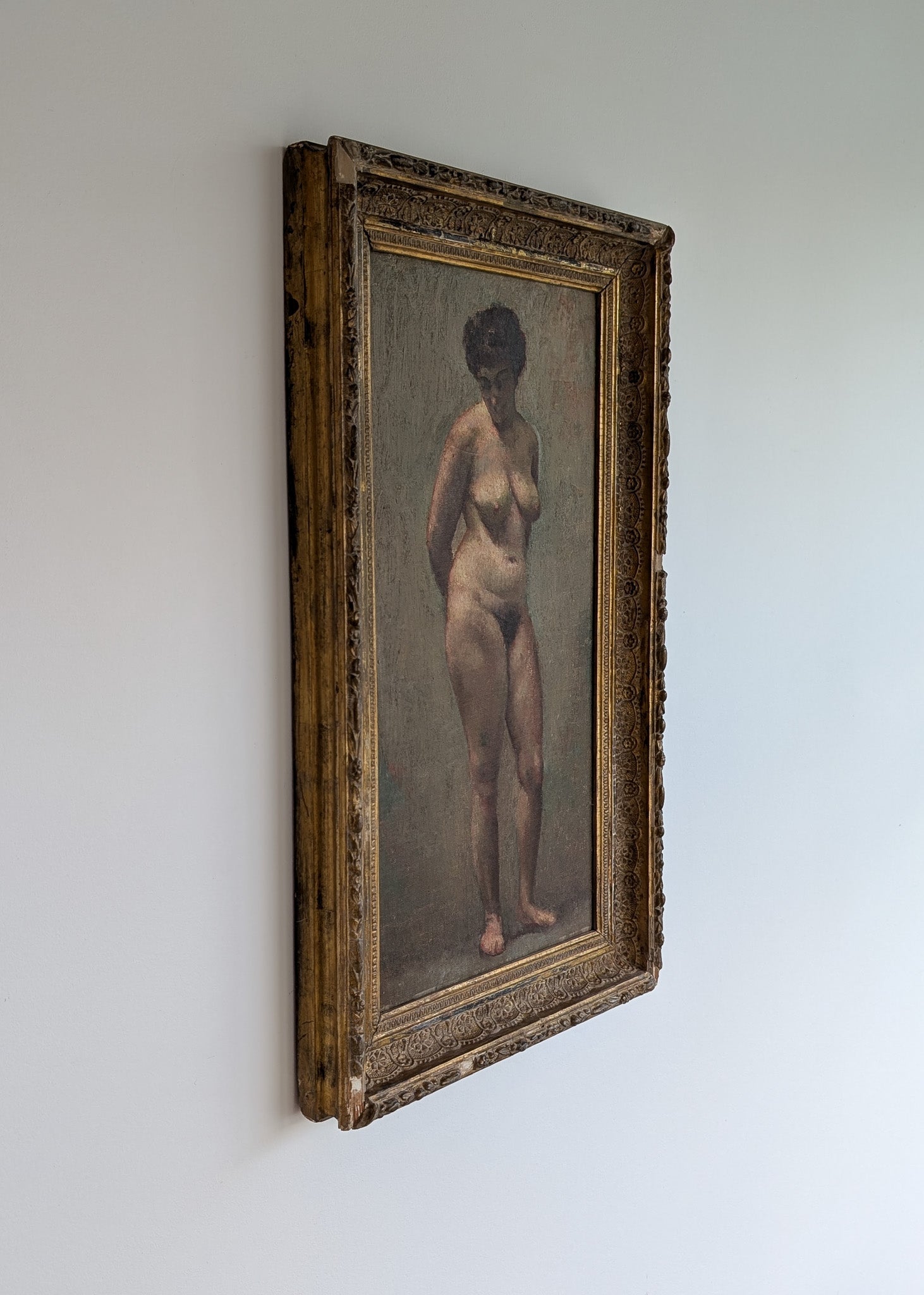 Unsigned Original Charles W. Bentz Nude Female Oil Portrait Painting in Gilded Frame