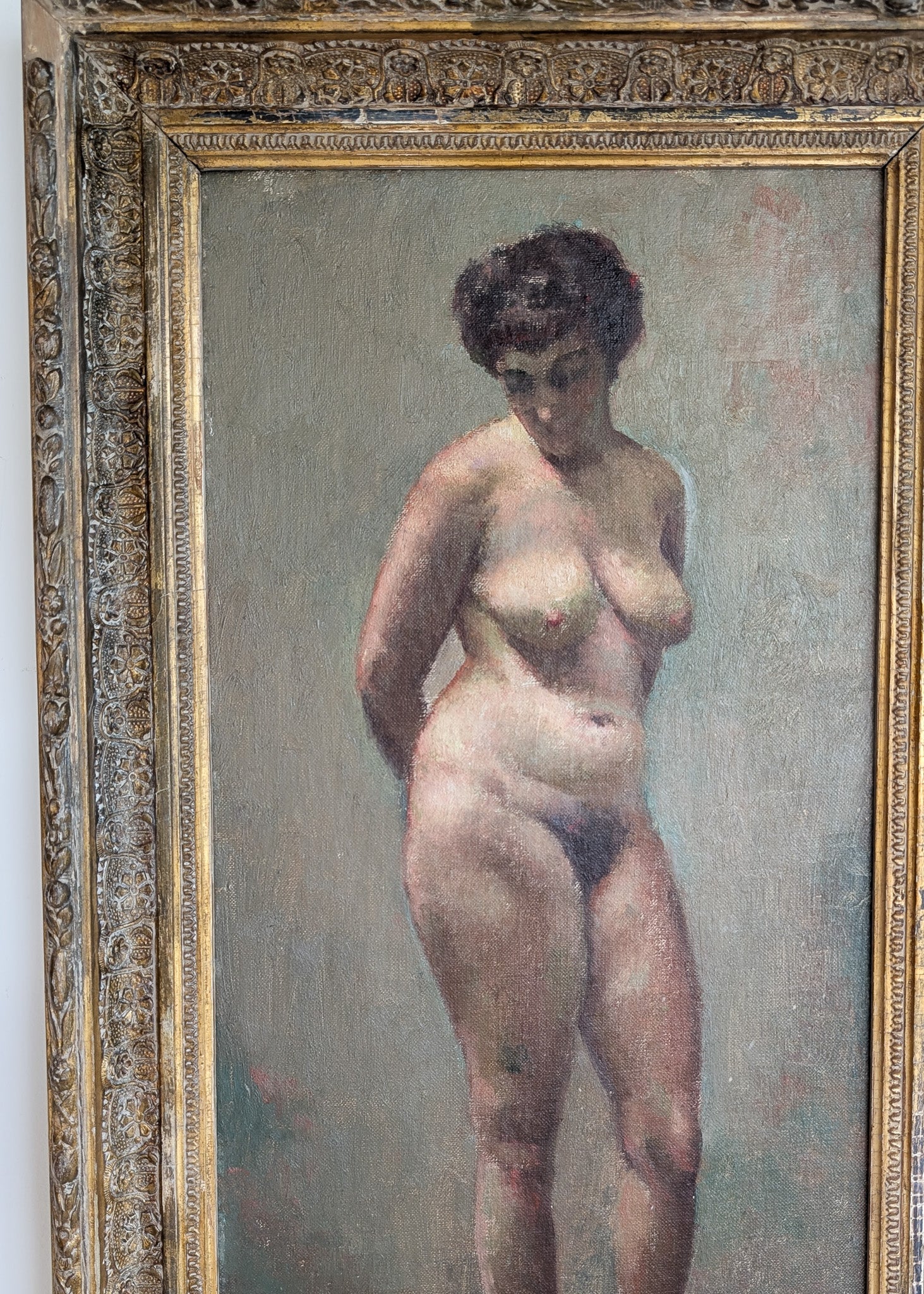 Unsigned Original Charles W. Bentz Nude Female Oil Portrait Painting in Gilded Frame