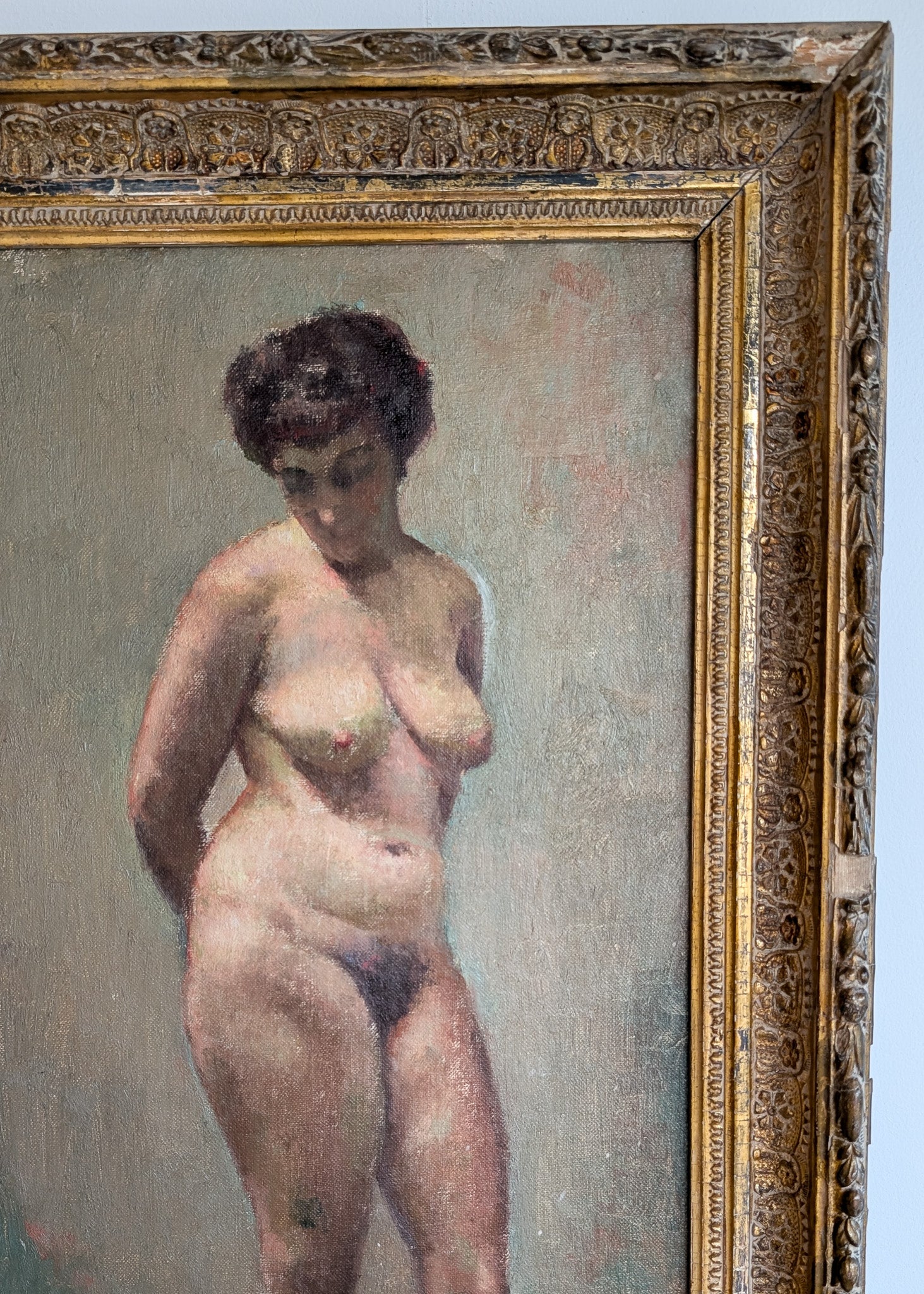 Unsigned Original Charles W. Bentz Nude Female Oil Portrait Painting in Gilded Frame