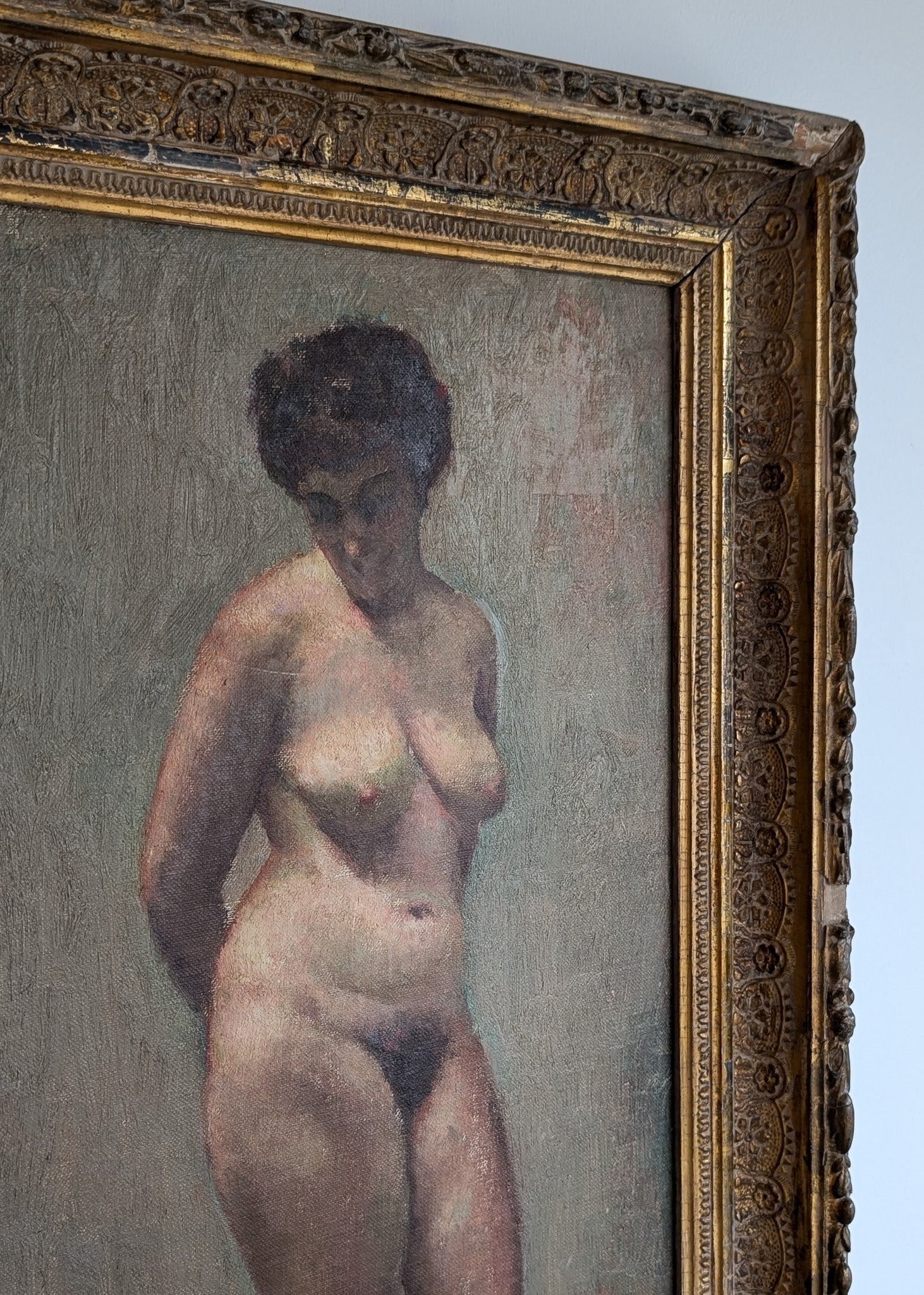 Unsigned Original Charles W. Bentz Nude Female Oil Portrait Painting in Gilded Frame